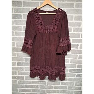 Shoreline Womens Burgandy‎  Dress Crochet Square Neck 3/4 Bell Sleeve Size 1XL